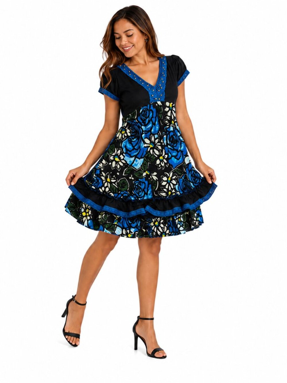 Women’s Blue Floral Cotton Flowy Dress Beaded V-Neck Tiered Ruffle Boho Summer